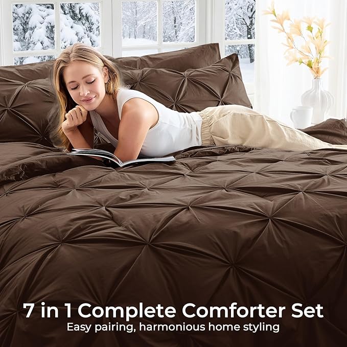 Sasttie Queen Comforter Set, 7-Piece Bed in a Bag, Pintuck Bedding Sets for All Season, Includes Comforter, Flat Sheet, Fitted Sheet, Pillowcases and Pillowshams, Dark Brown