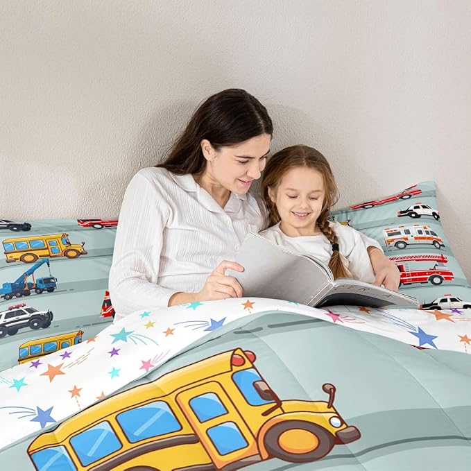 Erosebridal Fire Truck Comforter Set,Police Car Down Comforter King Size,School Bus Bedding Set for Kids Boys Teens Youth,Equipped Truck Cartoon Vehicle Quilt Duvet Insert Bedroom Dorm Decor 3 Pcs