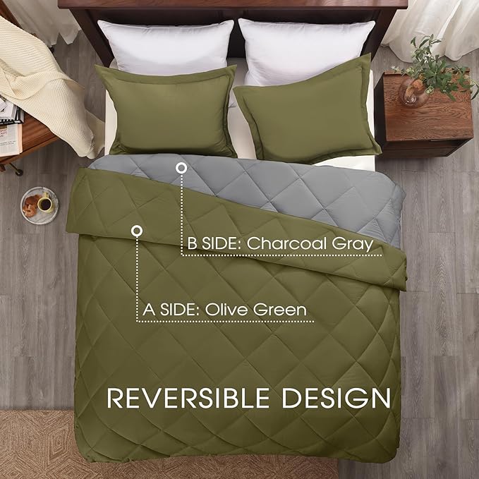 Beyond Twin Comforter Set - Olive Green/Charcoal Gray, Reversible, All Seasons - 1 Comforter (66"x92") and 1 Pillow Sham (20"x26"+2")