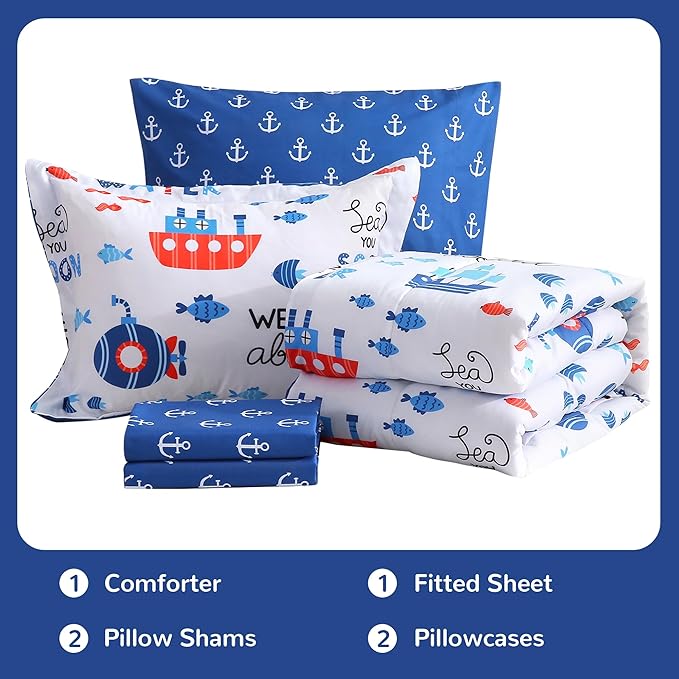 Viviland Kids Full Bedding Sets for Boys, Soft Full Comforter Set with Sheets, 7 Pieces Microfiber Bed in a Bag, Nautical Sea Ship