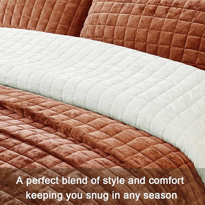 Luxurious Velvet Quilt California King Size Set 106" x118" Ultra Soft Bedding Set Quilted Bedspread Coverlet with 2 Matching Pillow Shams for All Seasons,Rust