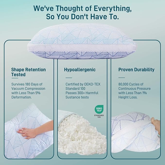 Shredded Memory Foam Cooling Soft Bamboo Viscose Pillow Adjustable Hypoallergenic Hotel Quality Pillow for Stomach, Back or Side Sleeper, Oeko-TEX Certified Queen Size