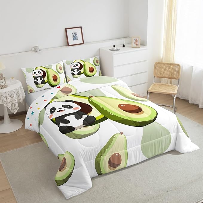 Erosebridal Panda Comforter Set Queen,Avocado Bedding Set Cute Black White Panda Bedding Bear Cat Bedding Comforter for Kids Boys Girls Green Tropical Fruit Quilt Duvet Set Room Decor 2 Pillow Cases