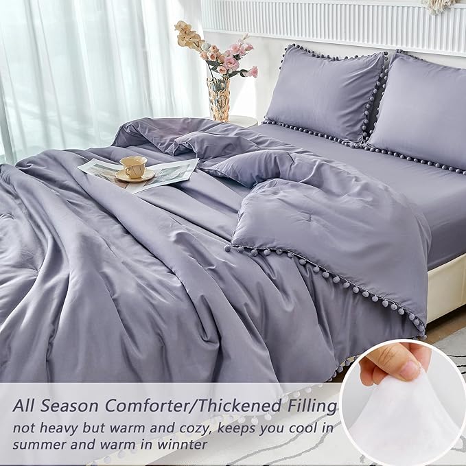 PERFEMET 5-Piece Grayish Purple Pom Pom Comforter Full Aesthetic Lavender Boho Bed in A Bag with Sheets Soft Fluffy Microfiber Girls Bedding Quilt Set for All Season(Grayish Purple, Full)