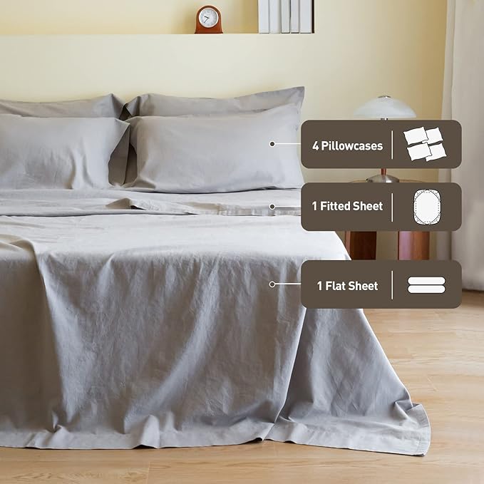 Simple&Opulence Belgian Linen Sheet Set Solid Color - 6 Pieces (1 Flat Sheet & 1 Fitted Sheet & 4 Pillowcases) 16" Deep Pocket Natural Flax Cotton Blended Soft Bedding - Grey, Queen Size