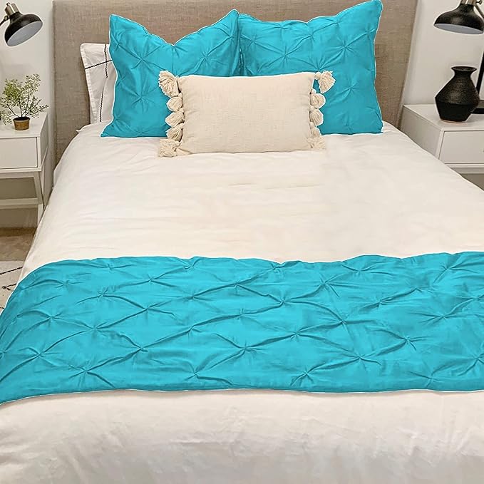 Bed Runner Set - 100% Pure Cotton 800 Thread Count - Luxury 1 Pinch Pleated Bed Runner and 4 Pillow Cover - 5 Piece Pinch Pleated Bed Runner Set Queen, Turquoise