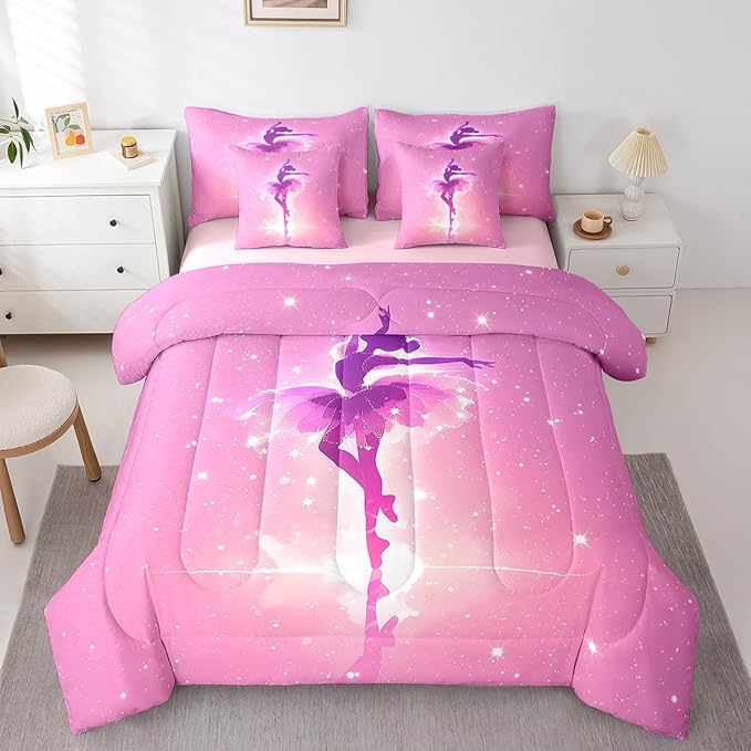 Feelyou Kids Ballet Dancer 7 Pieces Bedding Set King Size, Ballerina Comforter Set with Sheets Dreamy Princess Bed in A Bag Boys Girls Dancing Teens Bed Set Bedroom Decor 7Pcs
