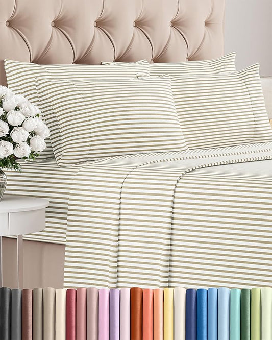 Cal King 6 Piece Sheet Set - Comfy Breathable & Cooling - Soft Hotel Luxury Bedding Set w/ 8-16 Inch Deep Pockets - 1 Flat & 1 Fitted Sheet & 4 Pillowcases - Wrinkle Free & Easy Care - Beige Stripes 2