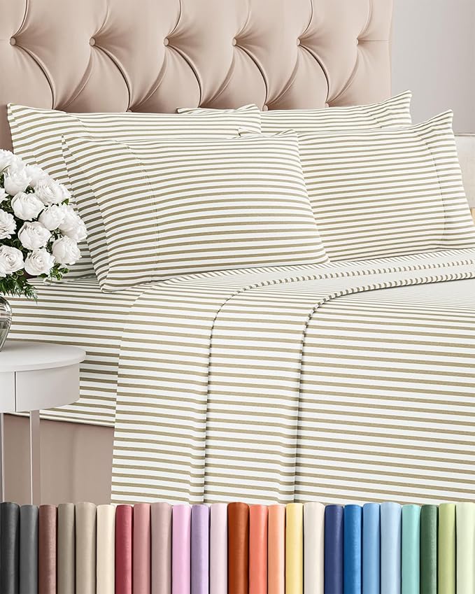 Queen 6 Piece Sheet Set - Comfy Breathable & Cooling - Soft Hotel Luxury Bedding Set with 8-16 Inch Deep Pockets - 1 Flat & 1 Fitted Sheet & 4 Pillowcases - Wrinkle Free & Easy Care - Beige Stripes 2
