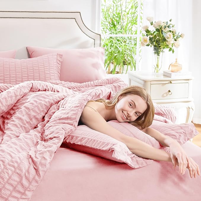 CozyLux Queen Comforter Set Pink Seersucker 7 Pieces Bed in a Bag Queen Comforter Set with Sheets, Luxury Soft Bedding Set with Down Alternative Comforter, Sheets, Pillowcases & Shams All Seasons