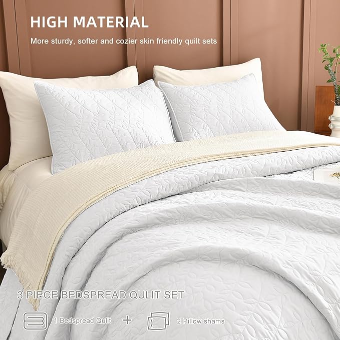 Lady Ann White Oversized Queen Quilt 100x106, Leaves Pattern Printed Oversized Queen Bedspreads for Bed, Lightweight & Soft Farmhouse Coverlets All Season Extra Large 3 Pcs Quilted Bedding Sets