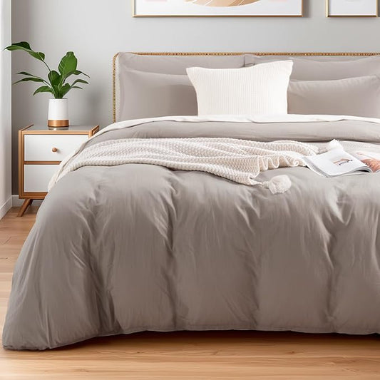 NEXHOME PRO Duvet Cover Full 100% Washed Cotton Linen Feel Textured Organic Natural 3 Pieces Bedding Set with Zipper Closure and Corner Ties, Breathable(Taupe Grey)