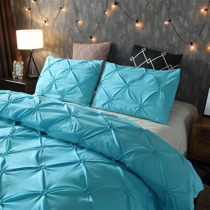 Feelyou Bedding Pinch Pleated Duvet Cover Set Full Size Microfiber Polyester Solid Geometric Bedding Sets Aqua Blue Pintuck Tufted Design Luxury Comforter Cover with 2 Pillow Shams, 3 Pieces