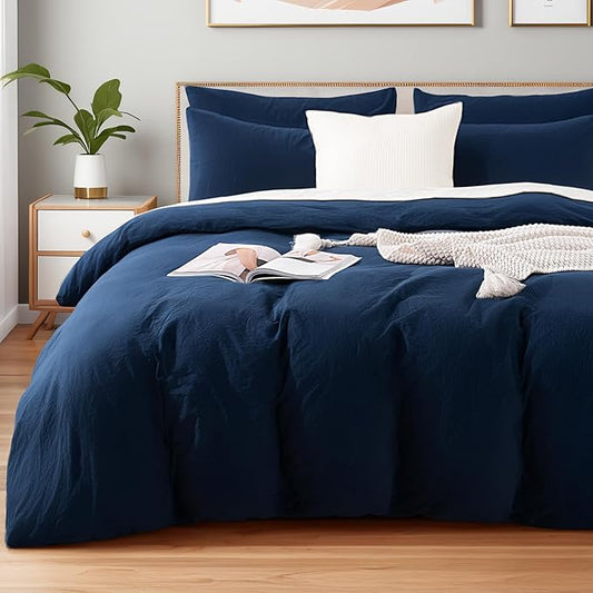 NEXHOME PRO Queen Duvet Cover Set, 100% Certified Organic Cotton with Washed Feel & Linen-Like Texture, Comfortable & Breathable, Home Bedding Set Navy (No Comforter)