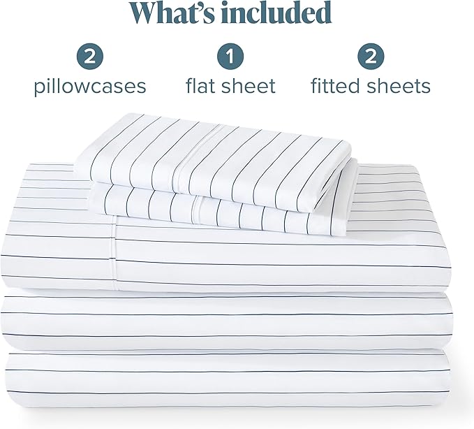Bare Home Ultra-Soft Microfiber Split King Bed Sheets - Deep Pockets - Easy Fit - 5 Piece Set - Pinstripe (White/Marine)