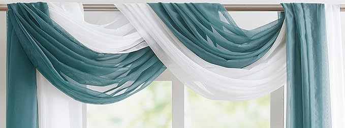 Warm Home Designs Double Window Scarves Bundle. Each White & Dusty Blue Window Scarf Valance is 55" x 144". Great for Fun Room Decor, as Canopy Bed Curtains or Draping Fabric. AS White & D Blue 144"