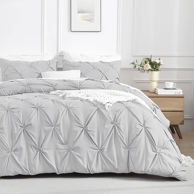 Andency Light Grey Pinch Pleat Comforter Full(79x90Inch), 3 Pieces(1 Down Alternative Comforter and 2 Pillowcases) Grey Bed Set Microfiber Pintuck Bedding Set