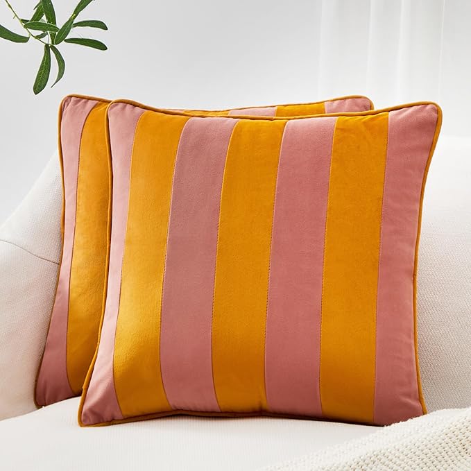 MONDAY MOOSE Decorative Throw Pillow Covers Cushion Cases, Set of 2 Soft Velvet Striped Piping Edge Designs, Pillow Inserts Not Included (22x22 inch, Pink/Honey)