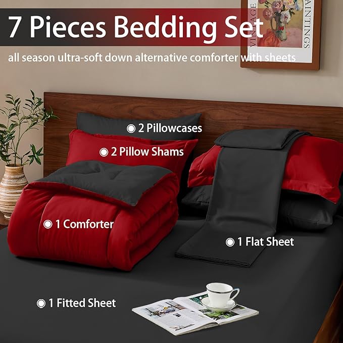 FUANNA Full Size Comforter Sets 7 Pieces, Reversible Bed in a Bag Full with All Season Premium Comforter, Bedding Sets Includes Comforter, Flat Sheet, Fitted Sheet, Pillowcases & Shams, Red & Black
