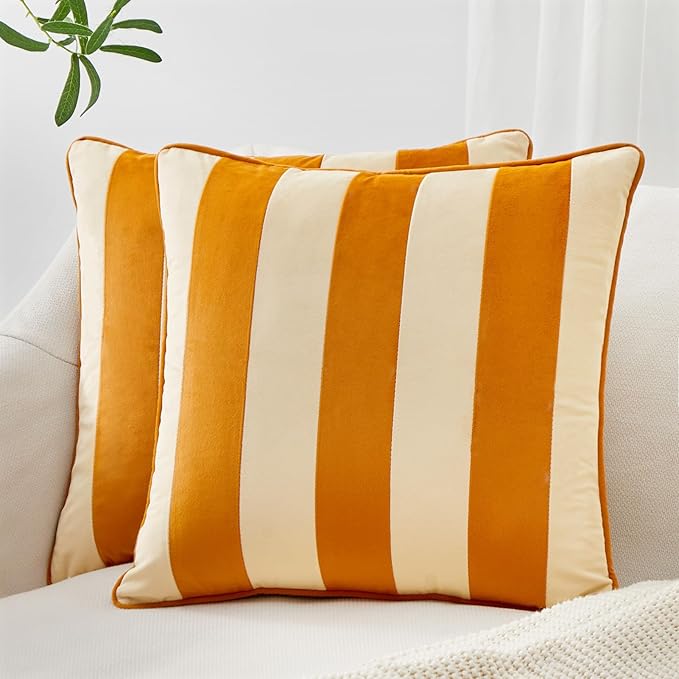 MONDAY MOOSE Decorative Throw Pillow Covers Cushion Cases, Set of 2 Soft Velvet Striped Piping Edge Designs, Pillow Inserts Not Included (22x22 inch, Honey/Cream)