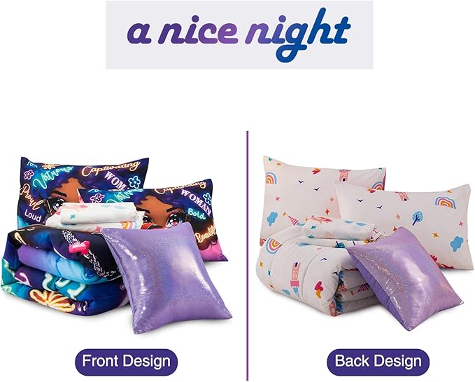 A Nice Night 6pcs Comforter Sets,Black Girl with Fashionable Attire Printing, Printed with Letters Background Kids Bedding Set,Queen