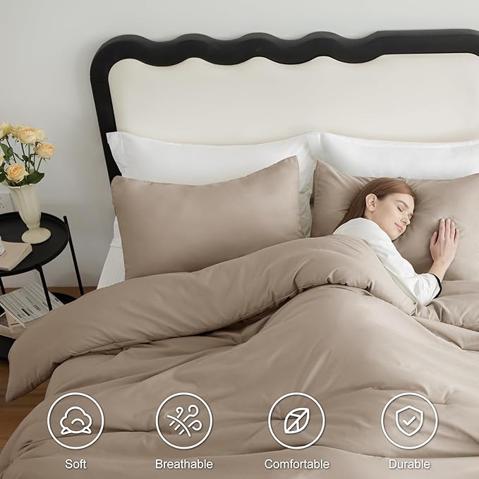 CozyLux King Size Comforter Set Khaki, 3 Pieces Solid Comforters King Size Breathable Quilted Style Bedding Set, Luxury Soft Bed Set with Down Alternative Comforter (1 Comforter & 2 Pillowcases)