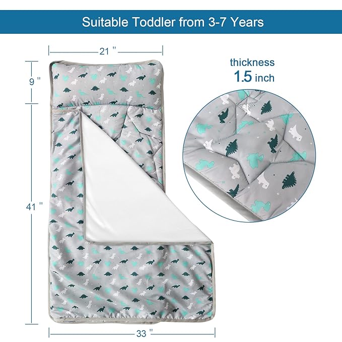 Toddler Nap Mat with Blanket 50" x 21" x 1.5", Nap Mat for Boys Girls Super Soft and Cozy, Kids Sleeping Bag for Preschool, Daycare, Toddler Sleeping Bag, Gray