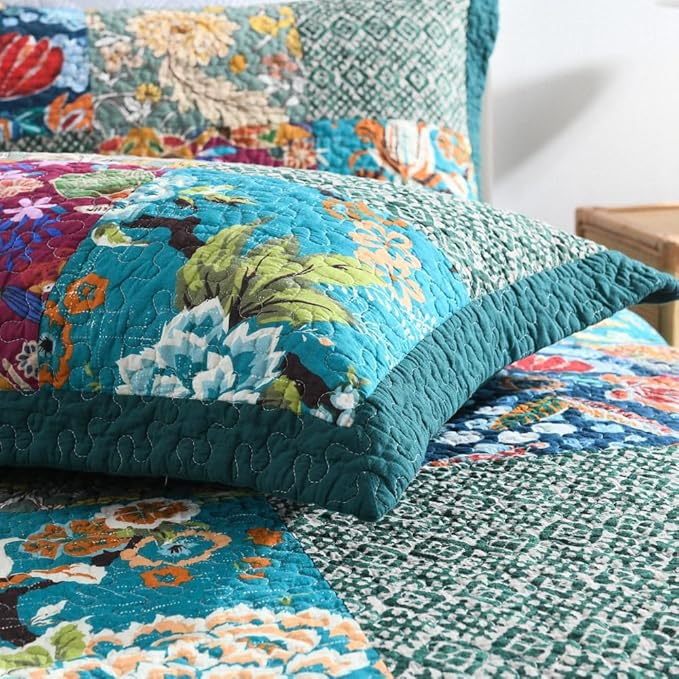 Autumn Dream Cotton Bedspread Quilt Sets Reversible Bedding Coverlet Sets Comforter, Vintage Floral Patchwork Turquoise Bedspread, King Size | Breathable material, Reversible, Soft durable, Handmade patchwork, Machine waschable, Jacquard stitching
