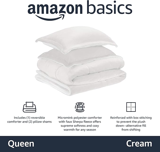 Amazon Basics 3 Piece Bedding Set, Micromink Sherpa, Ultra-Soft, Warm All Season Comforter, Full/Queen, Cream, Solid