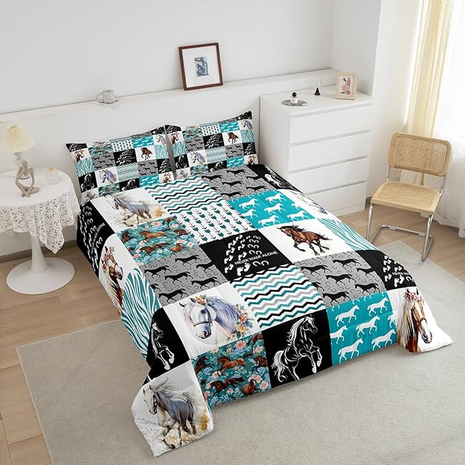 Horse Bedding,Western Farmhouse Horse Comforter Set For Girls Twin Bed,Boho Arrow Teal Zebra Stripe Comforter For Kids Boys Women,Rose Flower Rustic Cowboy Quilt Duvet sets 1 Pillowcases Black White