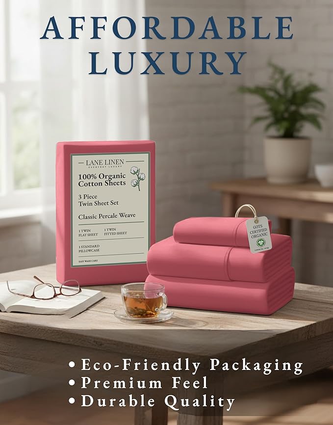 LANE LINEN Eco Friendly 100% Organic Cotton Twin Bed Sheet Set, Soft & Breathable Fully Elasticized Mercerized Cotton Twin Size Bedding Sheets & Pillowcase Set, Deep Pocket Bed Sheets - Mineral Red