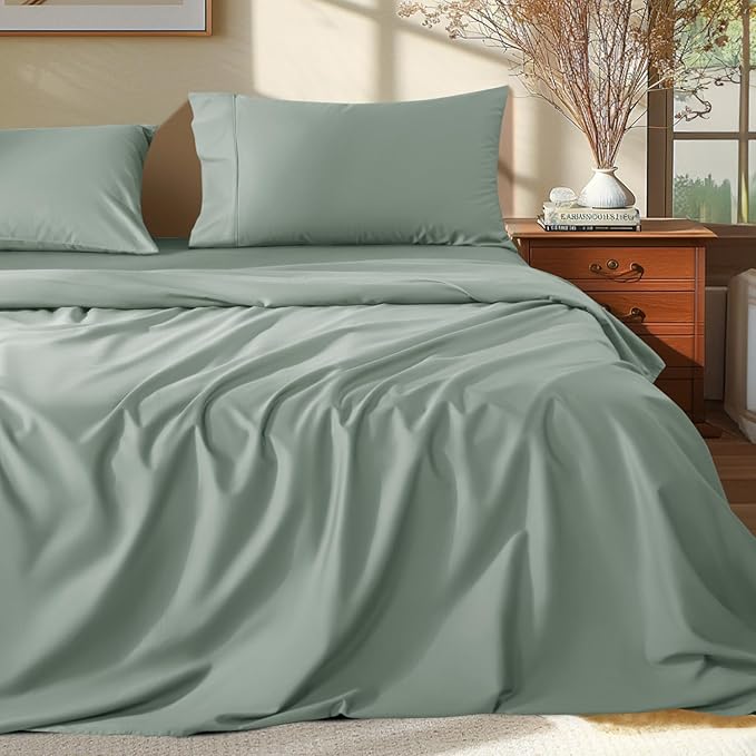 Shilucheng 100% Egyptian Cotton Sheets Set - 1000 Thread Count，Luxury Cotton Bed Sheets，Breathable & Cooling Bedding and Pillow Cases, 16 Inch Deep Pocket - 4 Piece (California King, Sea Glass)