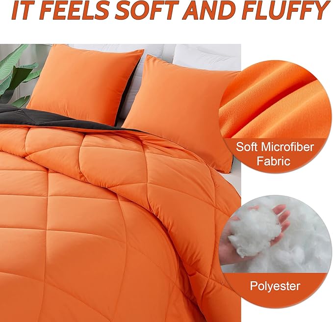 Decroom Lightweight Twin Comforter Set with 1 Pillow Sham - 2 Pieces Set - Quilted Down Alternative Comforter/Duvet Insert for All Season - Orange/Black - Twin/Twin XL Size