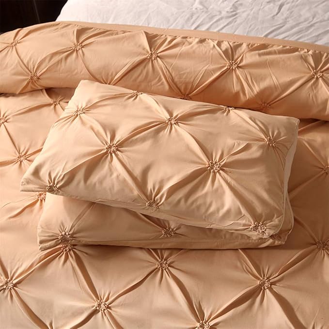 Feelyou Pinch Pleated Bedding Set Pintuck Comforter Cover Twin Size with Zipper Closure Luxurious Pintuck Tufted Duvet Cover Solid Champagne Microfiber Bedspread Cover with 1 Pillow Shams Soft
