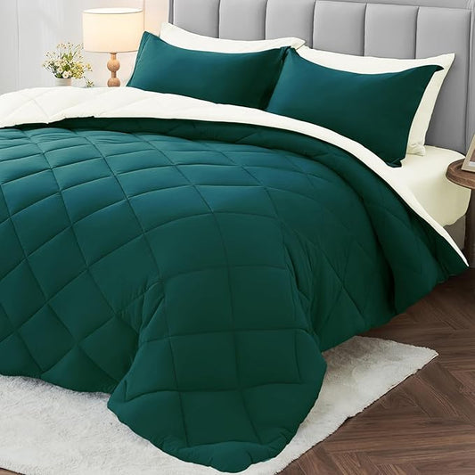MUXHOMO 7 Pieces King Comforter Set, Reversible Bed in a Bag King Size, All Season Bedding Set with Comforter, Flat Sheet, Fitted Sheet, Pillowcases & Shams, Peacock Blue & Ivory
