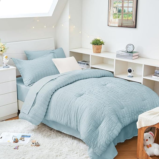 HYMOKEGE Lake Blue Twin XL Comforter Set Seersucker 5 Pieces, All Season Luxury Bed in a Bag for Bedroom, Bedding Set with Comforters, Sheets, Pillowcase & Sham