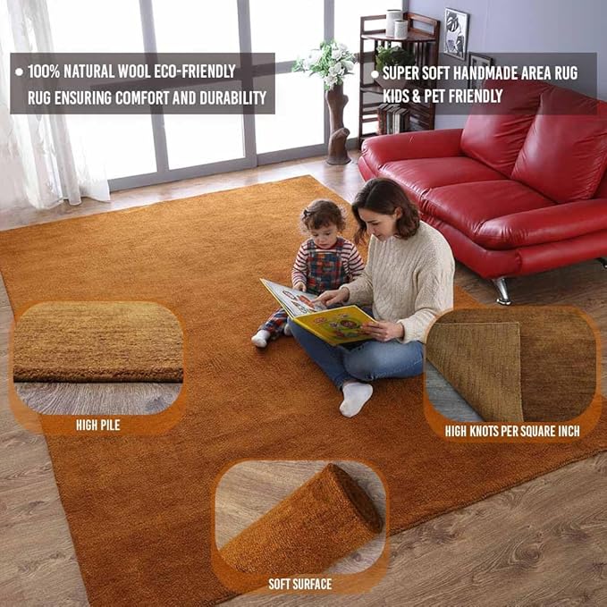 Rugsotic Carpets Hand Knotted Loom Wool ECO-Friendly Area Rugs - 5'x8', Rectangle, Orange Color, Solid Plain Design, High Pile Handmade Anti Skid Area Rugs for Living Room, Bed Room (L00111)