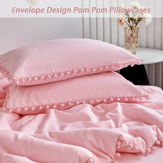 PERFEMET Pink Pom Comforter Set Queen Size(90x90inch), 5 Pcs Boho Aesthetic Farmhouse Bedding Set with Sheets Soft Microfiber Down Alternative Comforter Bed in a Bag for Girls Women(Pink, Queen)