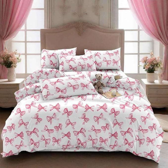 Nanko Pink and White Duvet Cover Set Queen Size, Elegant Bow Print Pattern, Soft Microfiber Comforter Bedding Cover with Zip Ties - Modern Luxury Bed Romantic Bedroom Decor for Women Teen, 3Pcs 90x90