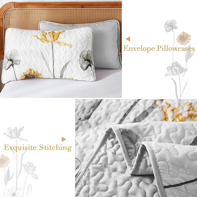 WONGS BEDDING Floral Quilt Set King,Grey and Yellow Bedspread Coverlet Bedding Set with 2 Pillowcase,Lightweight Cute Summer Floral Bedding Set for All Season (104"x90")