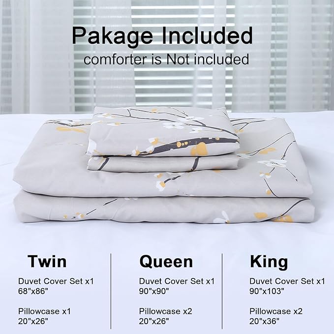 WONGS BEDDING Light Grey Duvet Cover Set Queen, Flower Plum Blossom Prnited Bedding Set with 1 Pillowcase,3 Pcs Soft Microfiber Comforter Cover with Zipper Closure for Kids 90"x90"(Not Comforter)
