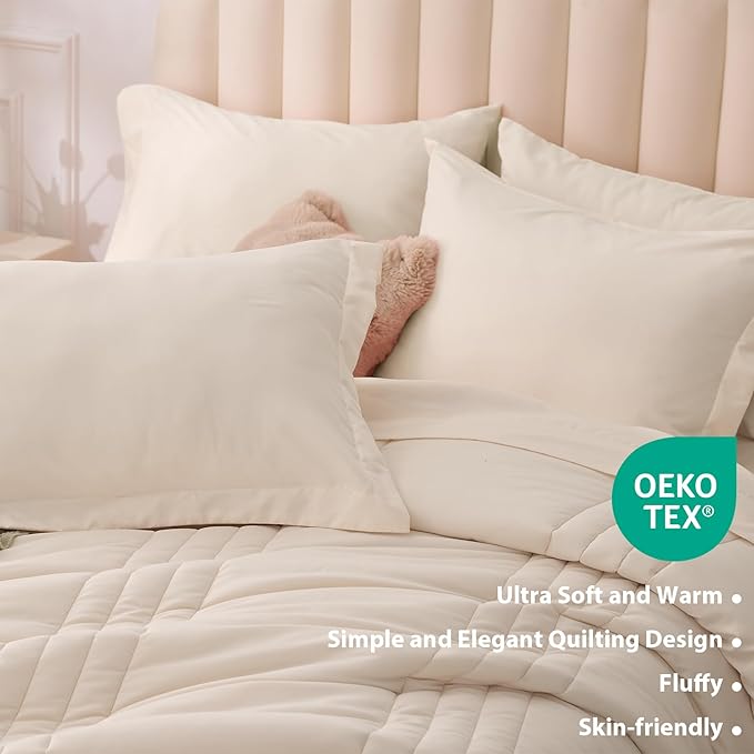 Queen Comforter Set Beige - Bed in a Bag Queen Size 7 Pieces, Soft Bedding Set for All Seasons, Premium Queen Comforter Set with Comforter, Sheets, Pillowcases & Shams