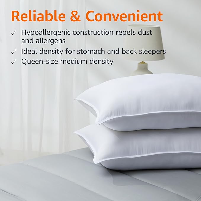 Amazon Basics Down Alternative Bed Pillow, Medium Density for Back and Side Sleepers, Queen - Pack of 2, White, 30 in L x 20 in W