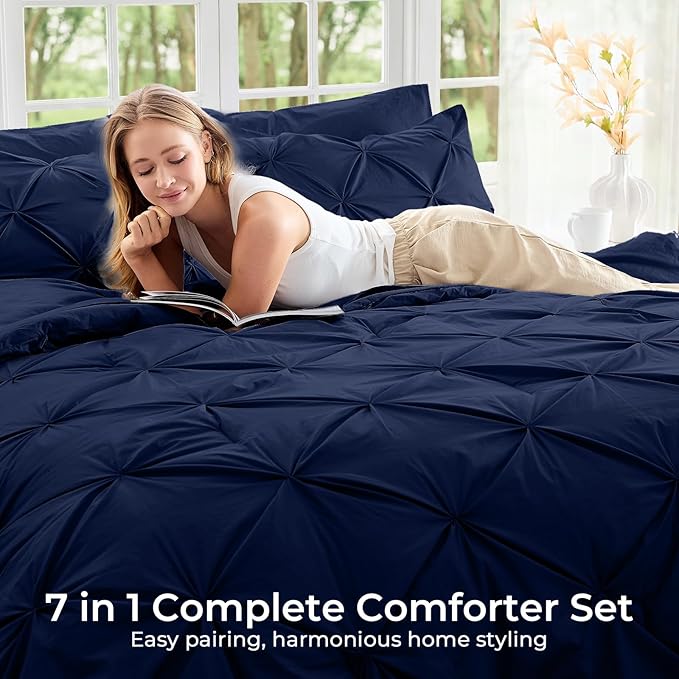 Sasttie Twin Comforter Set, 5-Piece Bed in a Bag, Pintuck Bedding Sets for All Season, Includes Comforter, Flat Sheet, Fitted Sheet, Pillowcase and Pillowsham, Navy