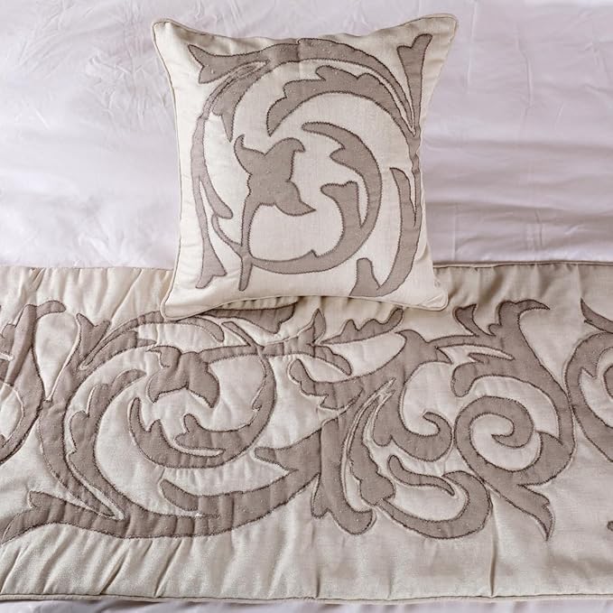 The HomeCentric Decorative Ivory & Beige CA King 86 x 18 inch Bed Runner with 2 Pillow Cover, Linen Lurex Applique Bed Scarf, Abstract Modern - Pretty Dainty