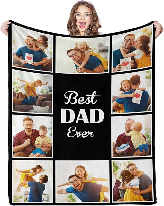 Custom Blankets with Photos, 10 Photos Customized, Best Dad Ever Blanket Gifts for Father's Day, Customized for Dad, 8 Sizes