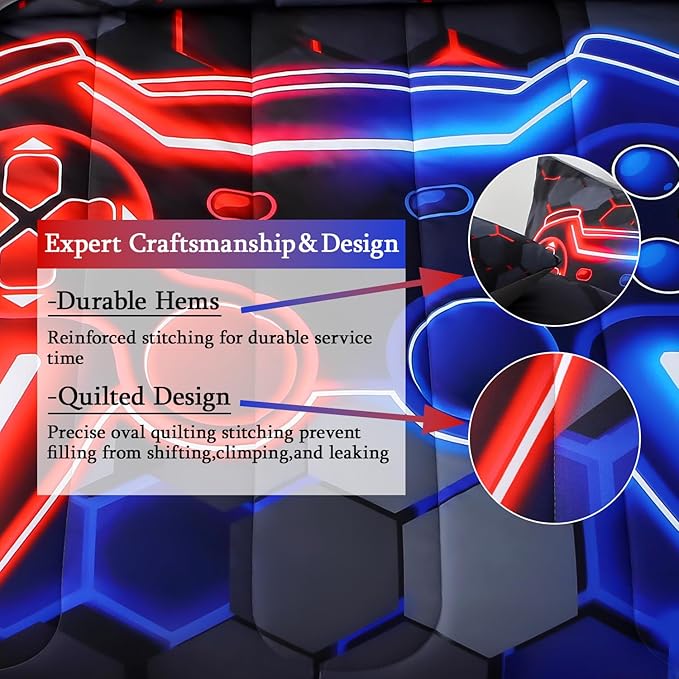 JQinHome Twin Gaming Bedding Set 6-Piece Comforter for Kids Teens - 3D Video Game Console Print Bed in a Bag with Ultra-Soft Fluffy Sheets, Red-Blue Unisex Design (Twin)