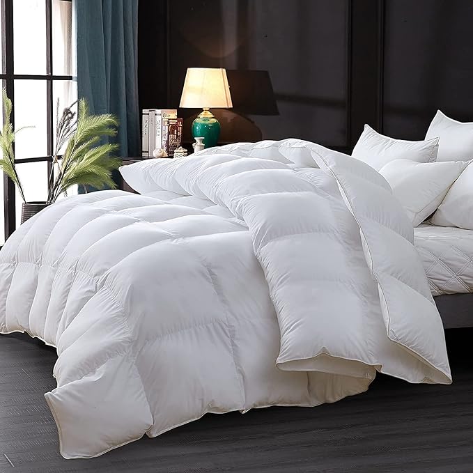Luxurious Goose Down Feather Fiber Comforter Duvet Insert, Plain Solid Design,White 108 x 98 , Premium Baffle Box 100% Egyptian Cotton, 75 oz Fill Weight,Oversize Cal King