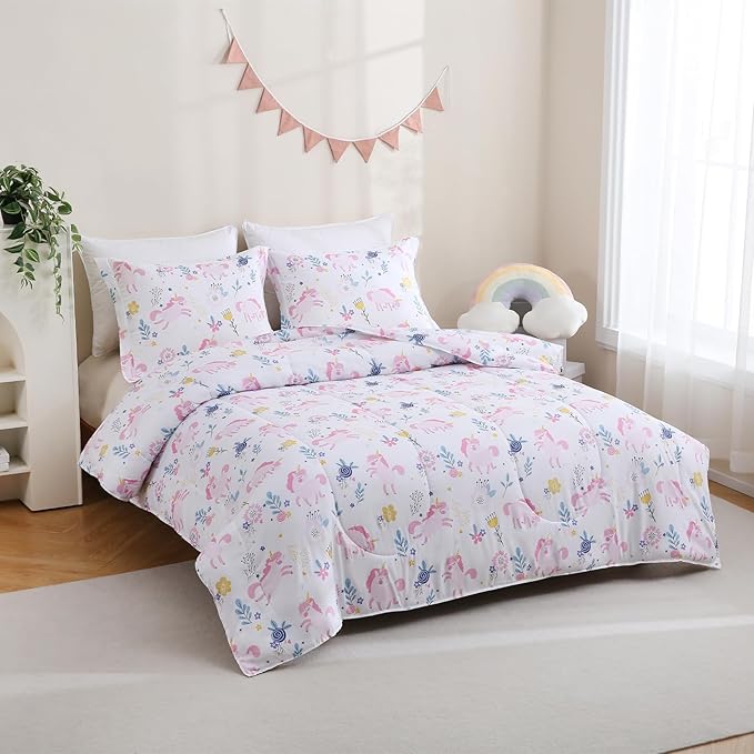 Yibeizi Pink Unicorn Comforter Set for Girls Full Size, Kids Boho Floral Printed Bedding Set with Pillow Sham, Cute Lightweight Soft Breathable Machine Washable Quilted Bed Comforter Set 3 Piece