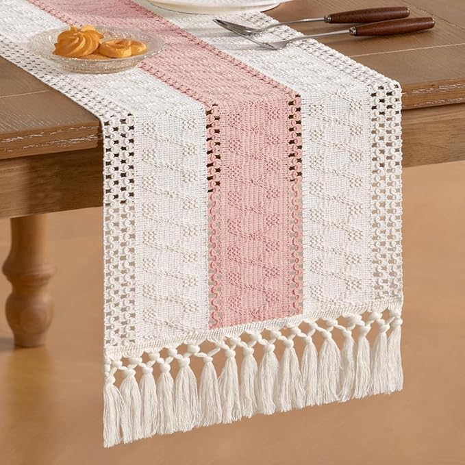 Socomi Boho Table Runner Macrame Long Valentine's Day Farmhouse Woven Cotton Linen Rustic Coffee Table Runner with Tassels for Dresser Scarf Home Decor Dining Room 12x108 inPink Ivory